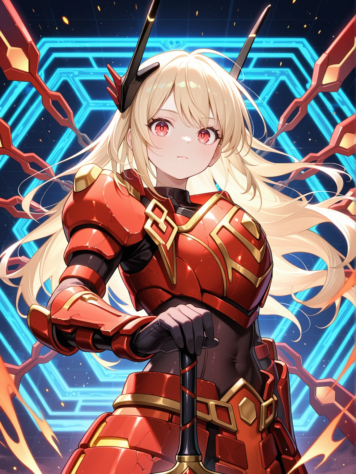 1girl,solo,mecha musume,sky striker ace - raye,red power armor,official alternate costume,red huge sword,black bodysuit,red headgear,red sword wings,red armored gloves,red breastplate,blue honeycomb \(pattern\),upper body,floating hair,red eyes,closed mouth,hand on hilt,looking at viewer,
masterpiece,best quality,amazing quality,very aesthetic,absurdres,newest,<lora:Sky striker ace - Raye illusXL v1:0.75>,