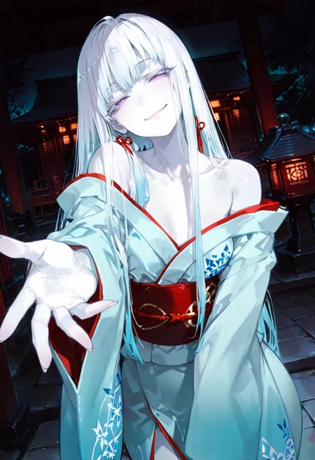 masterpiece, best quality, good quality, newest, highres, absurdres, volumetric lighting,gradient color,
BREAK
raytracing, volumetric lighting, ambient occlusion, girl, luminescent background, masterpiece, best quality, very awa, absurdres,
BREAK
Yukinoshita Yukino, Yuki-onna, colored skin, (white skin:1.3), solo, long hair, white hair, luscious lips, model style,
evil eyes, evil, bullying, sinister,
BREAK
masterpiece,amazing quality,best quality,ultra-detailed,8K,illustration,CG,shiny hair,clear skin,ultra-detailed-eyes,simple background,cute girl, eyelashes
BREAK,
long kimono, light blue Kimono, off the shoulders kimono, outdoors, shrine, night, moonlight, dutch angle, dark theme, high contrast, reaching towards viewer, foreshortening, smile, half-closed eyes, head tilt, sash,