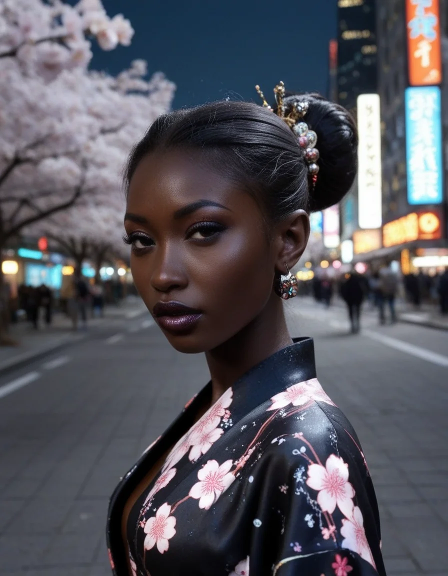A futuristic ebony geisha with porcelain-like dark skin and glossy black lipstick. Her elaborate cyber-kimono has holographic cherry blossoms, and her hair is styled in a high bun with floating hair ornaments. Neon Tokyo skyline at night, ultra-stylized, cinematic lighting,
(ultra realistic, absurdres, best quality, very aesthetic, high quality), skin details, 4k, cinematic,
<lora:ebony_v2:1>