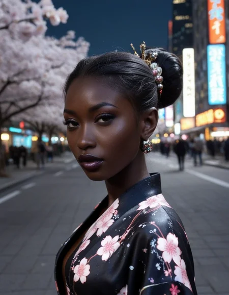 A futuristic ebony geisha with porcelain-like dark skin and glossy black lipstick. Her elaborate cyber-kimono has holographic cherry blossoms, and her hair is styled in a high bun with floating hair ornaments. Neon Tokyo skyline at night, ultra-stylized, cinematic lighting,
(ultra realistic, absurdres, best quality, very aesthetic, high quality), skin details, 4k, cinematic,
<lora:ebony_v2:1>