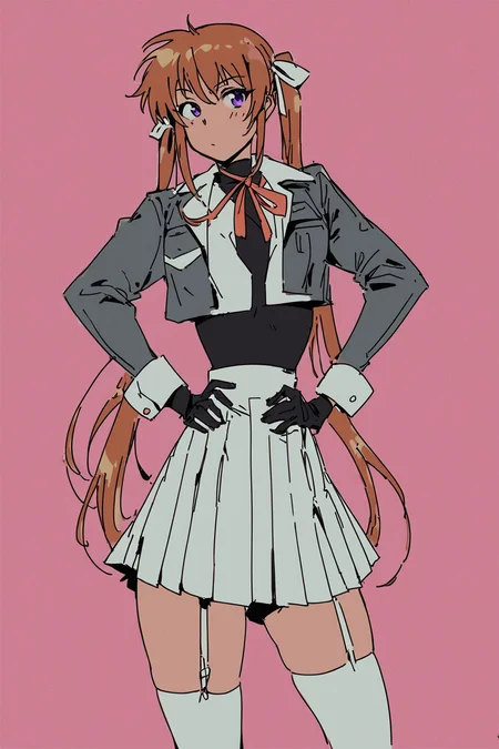 score_9, score_8_up, score_7_up, lyrical nanoha, mahou shoujo lyrical nanoha, takamachi nanoha, black gloves, black leotard, breasts, brown hair, cropped jacket, garter straps, gloves, hair ribbon, jacket, leotard, long hair, pleated skirt, purple eyes, ribbon, shoes, skirt, thighhighs, twintails, white footwear, white jacket, white ribbon, white skirt, white thighhighs, solo, solo focus, portrait, pink background, Hands on hips, facing the camera, <lora:choo:1>