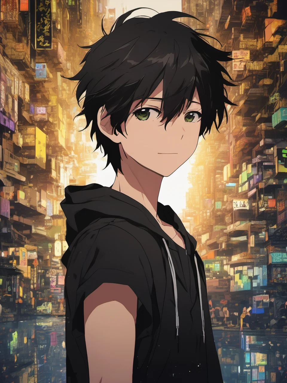 anime artwork <lora:Choi_Kang-rim_v1.14:0.8>, a young boy Choi Kang-rim, black hair, detailed green eyes with black pupil, complex background, dystopia, full shot, wearing a black tank top and long black pants, 8k, uhd, (masterpiece, best quality, ultra-detailed, best shadow), black pants, short sleeves, (detailed background,dark fantasy), depth of field, black light particles, symbol-shaped_pupils, 12 years old, black cloak, black scar on the face . anime style, key visual, vibrant, studio anime, highly detailed