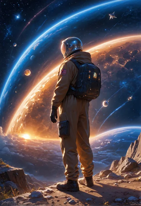 score_9,score_8_up,score_7_up,embedding:zPDXL2, masterpiece,best quality,highly detailed,detailed background, film grain,colorful,glowing,hand person,Expressiveh, , solo, 1boy, standing, male focus, bag, from behind, watermark, backpack, helmet, star \(sky\), scenery, 1other, science fiction, realistic, space, planet, ambiguous gender, spacecraft, spacesuit, astronaut, starship,<lora:增强\(增强)sdxl_lightning_8step_lora.safetensors:1.0:1.0> <lora:增强\(增强)Expressive_H-000001.safetensors:0.8:0.8> <lora:增强\(增强)Hands XL 4.safetensors:1.0:1.0> <lora:增强\glowneon_xl_v1.safetensors:1.0:1.0> <lora:Vixon\收藏\Vixon's Pony Styles Illumi.safetensors:0.8:0.8>