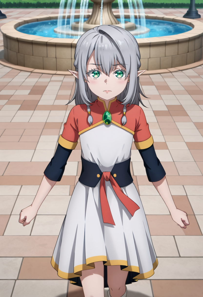 <lora:Young Tessia_IL:1>Young Tessia, 1girl, gray hair, pointed ears, elf, green eyes, white asymmetrical dress with yellow trim, red sash waist tie, black long-sleeve undershirt, green gem pendant necklace, white thigh-high socks, black crisscross strap shoes
 City fountain plaza with cherry blossom trees