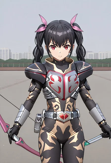 1girl, solo, rurikamgbr, red eyes, black hair, twintails, hair ribbon, krchalice, robot, solo, krchl armor, krchl bodysuit, krchl belt, krchl holster, krchl black gloves, holding bow_(weapon), serious, outdoors, city, cowboy shot,
