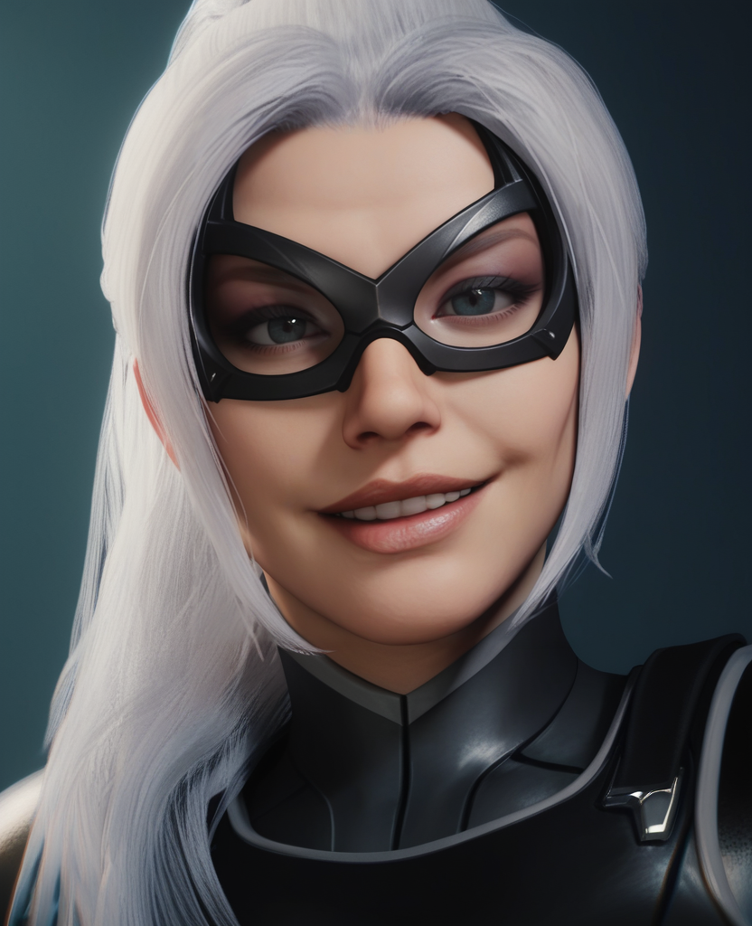 score_9,score_8_up,score_7_up,score_6_up, 3d, realistic, <lora:Black_Cat_ps4ps5_Pony-000007:0.6> , blackcat, 1girl, long hair, gloves, ponytail, white hair, bodysuit, black bodysuit, domino mask, close up, portrait, smile,