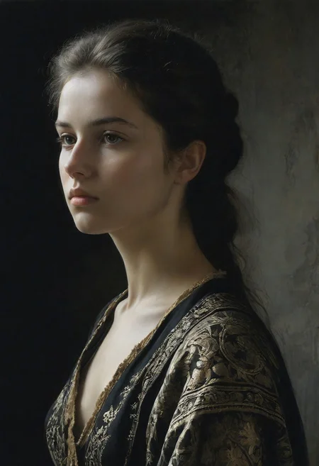 (Soft Lighting Photography by Mimoza Veliu and Mario Giacomelli:1.2), Ancient Easteuropian costume, beautiful young woman, medium sized breasts, side soft light, Dark environment, black over black, insanely detailed,  masterful painting in the style of Anders Zorn and  Aleksi Briclot, oil on canvas, nipples