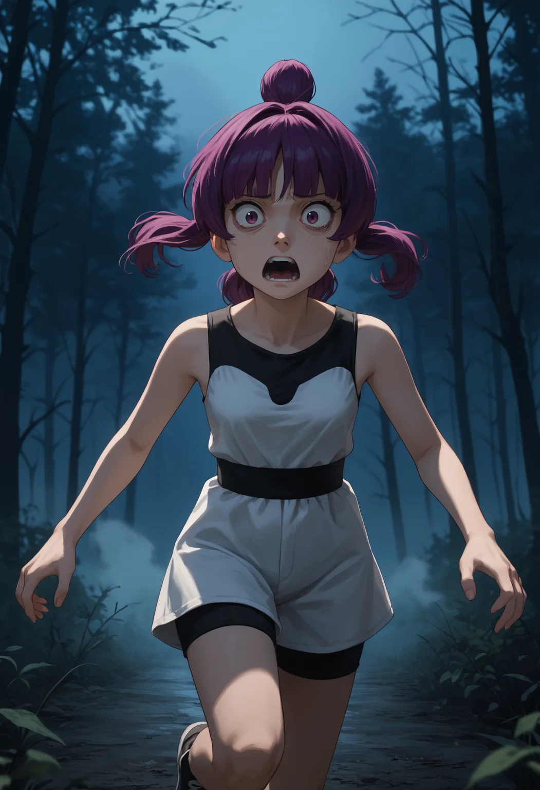 score_9, score_8_up,score_7_up, source_anime, 1girl, solo, <lora:Jptr_pdxl_EliPot:1>, gingadanjupiter, purple hair, purple eyes, medium hair,
outdoors, forest, night, scared, running, fog, horror \(theme\),