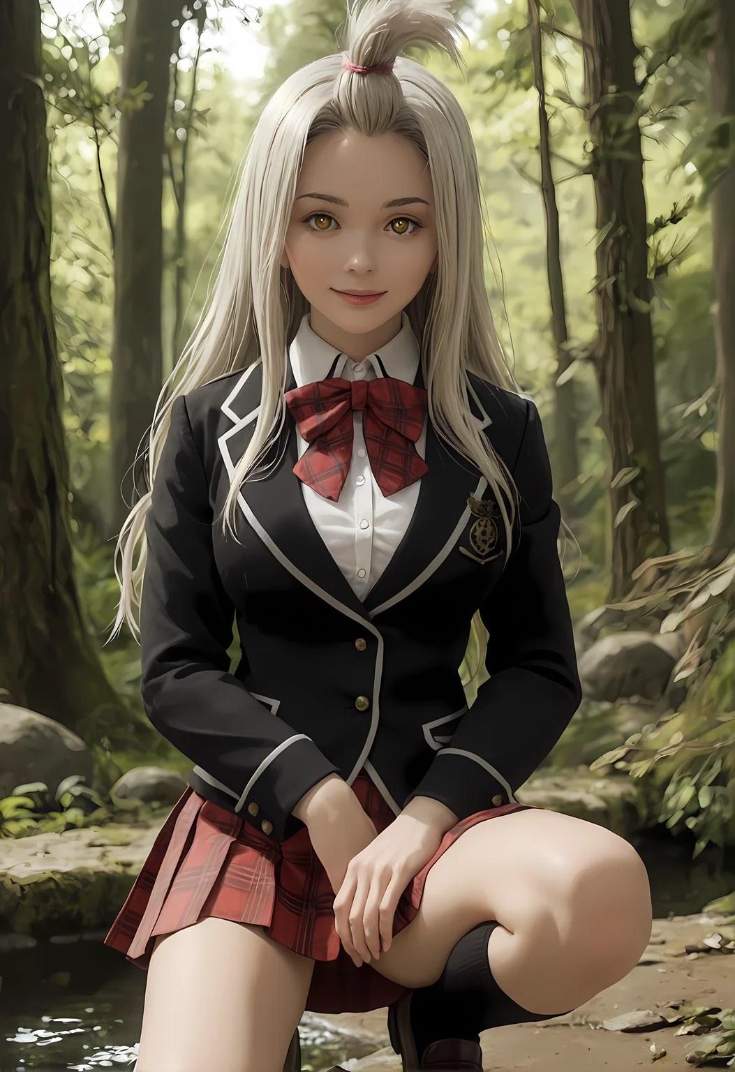 score_9, score_8_up, score_7_up,looking at viewer, shiny skin, upper body, light smile, petite,ohwx, long_hair, grey_hair, yellow_eyes, white_hair, brown_eyes, bangs_pinned_back, topknot, breasts, very_long_hair, large_breasts, symbol-shaped_pupils,school_uniform, bow, jacket, blazer, bowtie, shirt, plaid, skirt, socks, red_bow, bangs_pinned_back, topknot, plaid_skirt, long_sleeves, red_skirt, red_bowtie, black_socks, pleated_skirt, kneehighs, black_jacket, collared_shirt, shoes, loafers, official_style, white_shirt, plaid_bow, ribbon, miniskirt, Ancient Japanese shrine deep in a forest, covered in moss, soft light, quiet and mysterious ambiance,<lora:yui_kurata_pony_sobsynapse-000001:1>