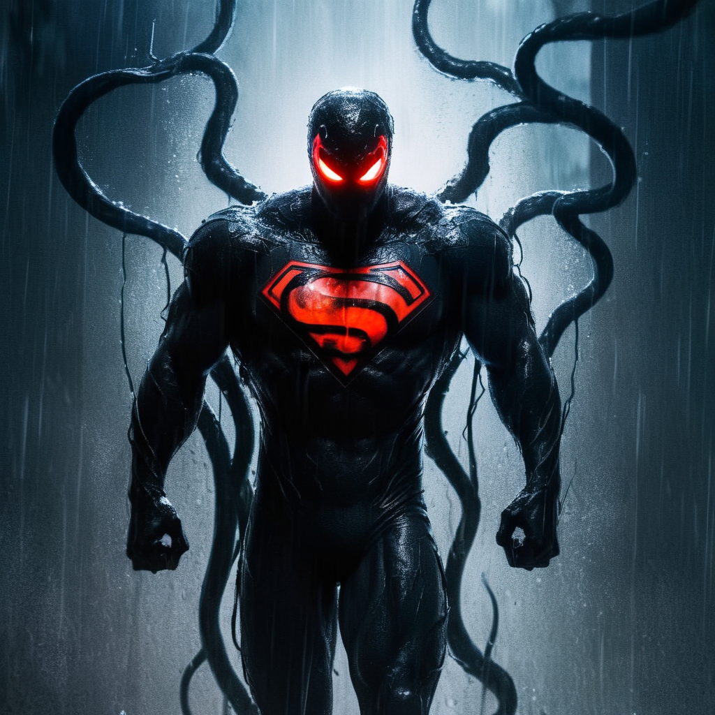 Dark Fantasy Art of  <lora:Symbiote Style v2:1.2> Symbiote Style
Superman a man with red glowing eyes standing in the rain comic book magazine style, dark, moody, dark fantasy style