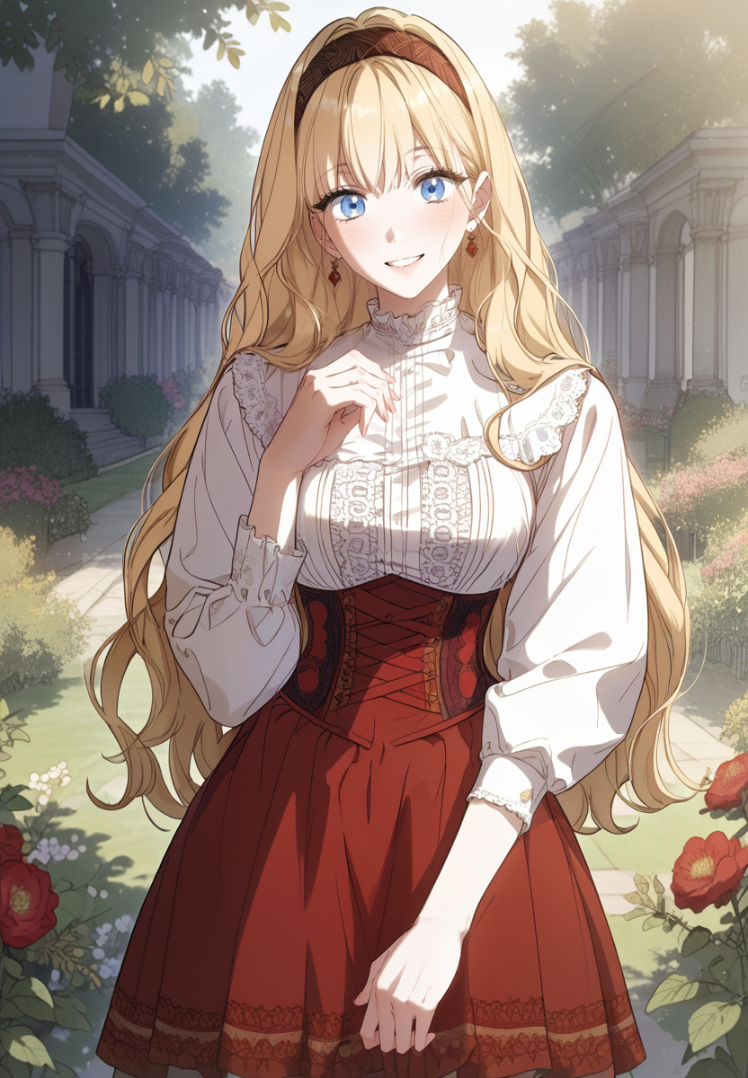 zPDXL3, score_9_up, score_8_up, score_7_up, (Anime_source),Masterpiece,(perfect female body:1.2), small waist,(incredibly detailed:1.4), slim, beautiful fingers, beautiful white skin, Beautiful clear skin, (big breasts:1.2) (thick thighs:1.2), standing, looking at viewer, big breasts, rudbeckia, 1girl, blonde hair, , blue eyes, (facing viewer:1.6) <lora:Rudbeckia_de_Borgia_-_How_to_Win_My_Husband_Over-PONY-Kaleid:1> long hair, red skirt, white shirt, in garden, hairband, smile, facing viewer, corset, perfect hands