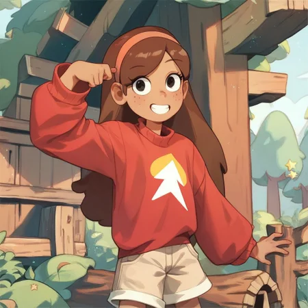 score_9, score_8_up, score_7_up, score_6_up, Mable Pines, gravity falls, brown hair, hairband, red sweater, baggy sleeves, tan shorts, star emblem, (smile:0.6), model pose, rating_safe, log cabin background, kawaii