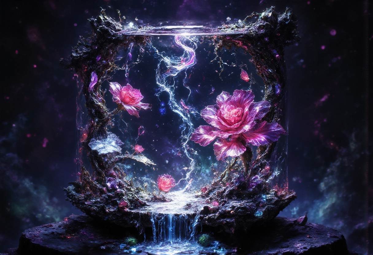 Ultra-realistic 8K resolution, Octane render, Unreal Engine 5 masterpiece, dark academia aesthetic, enchanted glass terrarium containing: two hybrid heliotrope-roses with translucent ruby gemstone petals (vitreous refraction), metallic obsidian stems (bioluminescent vascular system), liquid mercury dewdrops suspended mid-fall, spiral cerulean nebula core emitting plasma tendrils, fractured amber glass veins pulsing with trapped starlight, quantum foam escaping through dimensional cracks, non-Euclidean spacetime geometry, vantablack void background with gravitational lensing distortion, chrono-crystalline lattice framework, volumetric photon mapping event horizon glow, subsurface scattering in petal nanostructures, temporal anomaly causing timeline overlaps, hyperdetailed microbiology under gemstone epidermis, gothic biodigitalpunk style blending Zdzisław Beksiński and Ernst Haeckel, photorealistic macro photography meets celestial cartography, trending on ArtStation --ar 16:9 --v 6.0 --no cartoonish, flat colors, symmetry, human elements