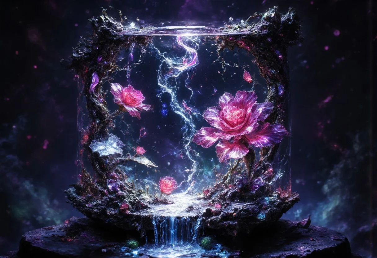 Ultra-realistic 8K resolution, Octane render, Unreal Engine 5 masterpiece, dark academia aesthetic, enchanted glass terrarium containing: two hybrid heliotrope-roses with translucent ruby gemstone petals (vitreous refraction), metallic obsidian stems (bioluminescent vascular system), liquid mercury dewdrops suspended mid-fall, spiral cerulean nebula core emitting plasma tendrils, fractured amber glass veins pulsing with trapped starlight, quantum foam escaping through dimensional cracks, non-Euclidean spacetime geometry, vantablack void background with gravitational lensing distortion, chrono-crystalline lattice framework, volumetric photon mapping event horizon glow, subsurface scattering in petal nanostructures, temporal anomaly causing timeline overlaps, hyperdetailed microbiology under gemstone epidermis, gothic biodigitalpunk style blending Zdzisław Beksiński and Ernst Haeckel, photorealistic macro photography meets celestial cartography, trending on ArtStation --ar 16:9 --v 6.0 --no cartoonish, flat colors, symmetry, human elements