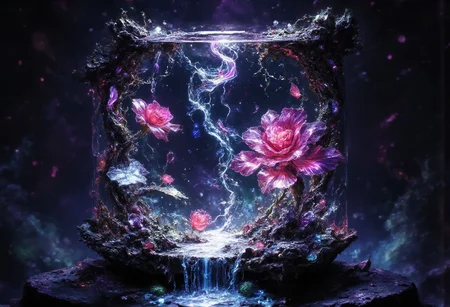 Ultra-realistic 8K resolution, Octane render, Unreal Engine 5 masterpiece, dark academia aesthetic, enchanted glass terrarium containing: two hybrid heliotrope-roses with translucent ruby gemstone petals (vitreous refraction), metallic obsidian stems (bioluminescent vascular system), liquid mercury dewdrops suspended mid-fall, spiral cerulean nebula core emitting plasma tendrils, fractured amber glass veins pulsing with trapped starlight, quantum foam escaping through dimensional cracks, non-Euclidean spacetime geometry, vantablack void background with gravitational lensing distortion, chrono-crystalline lattice framework, volumetric photon mapping event horizon glow, subsurface scattering in petal nanostructures, temporal anomaly causing timeline overlaps, hyperdetailed microbiology under gemstone epidermis, gothic biodigitalpunk style blending Zdzisław Beksiński and Ernst Haeckel, photorealistic macro photography meets celestial cartography, trending on ArtStation --ar 16:9 --v 6.0 --no cartoonish, flat colors, symmetry, human elements