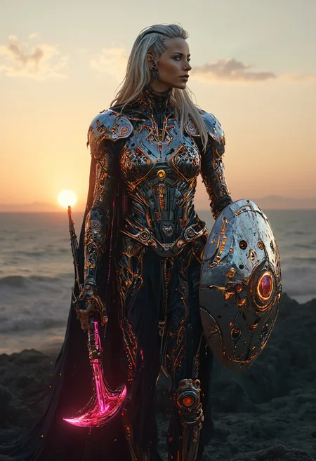 vikingpunk style, as the last sliver of the sun dips below the horizon, casting the world in a soft, warm glow, a cybernetic Viking woman stands tall and proud against the dying light. A sleek high-tech longship shimmers in the twilight.
Wearing futuristic viking power armor, and weilding a plasma battle ax and shield. Her long bleach blonde hair cascades down her back. Her heterochromia eyes captivate the viewer, with a mechanical, dimly lit right eye and a natural human left eye that holds the ancient wisdom of untold secrets and sagas. Her crystalline mechanical arms glint in the fading light, a testament to her fusion of technology and ancient Nordic magic. Nordic and Viking-inspired aesthetic with armor elements, mechanical enhancements, and futuristic technology.
