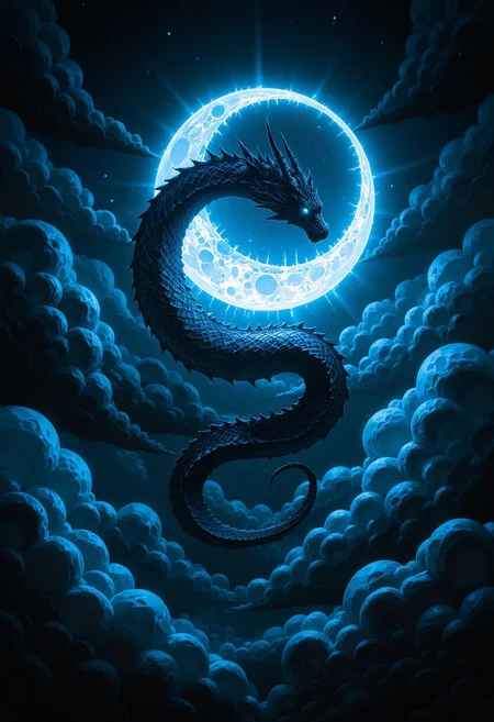 The image portrays a mystical, dark scene set in a full of cloudy, nighttime sky, featuring a large, serpentine dragon coiled around a luminous crescent moon. The dragon's body is long and sinuous, with dark, jagged scales that create a stark contrast against the bright, glowing moon. Its head is adorned with a crown of sharp, angular horns, and it gazes down with a menacing yet majestic presence. The moon, radiating an ethereal blue light, appears almost crystalline, casting an otherworldly glow on the surrounding clouds, which are illuminated in varying shades of deep blue and black. The overall composition has a surreal, dreamlike quality, combining elements of fantasy and celestial imagery. The artwork is rich in detail, with the clouds rendered in a soft, billowing texture, while the dragon and moon feature sharp, defined lines and highlights, enhancing the mystical atmosphere of the piece.