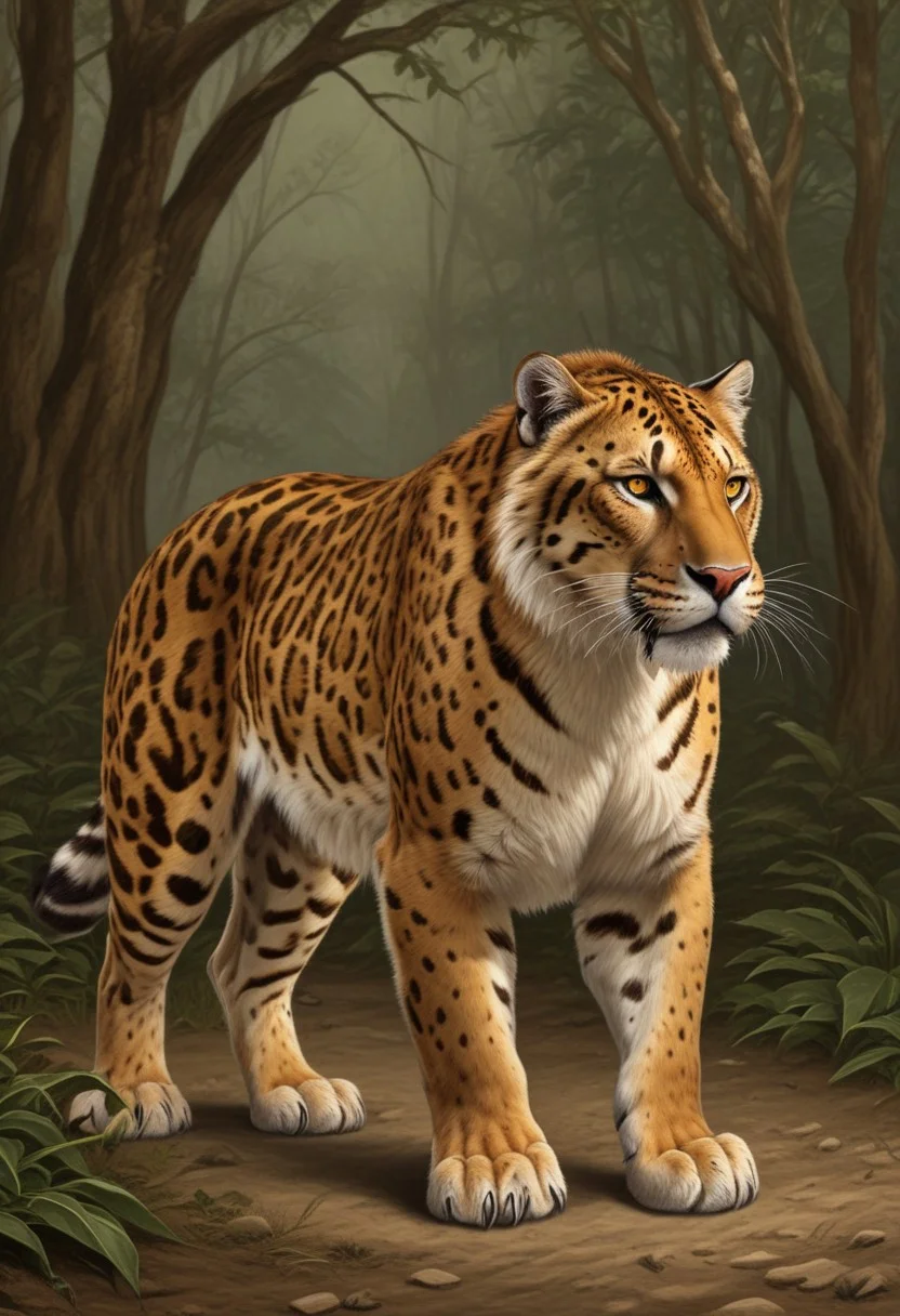 Smilodon neogaeus, saber tooth, ancient panther, power animal with features of several modern felines, golden tabby body pattern with rosettes and stripes, soil, river, forest, claws, golden tabby tigon liger hybrid, looks like a huge tiger hybrid jaguar with the coat pattern of a clouded leopard, full body, grass, trees
