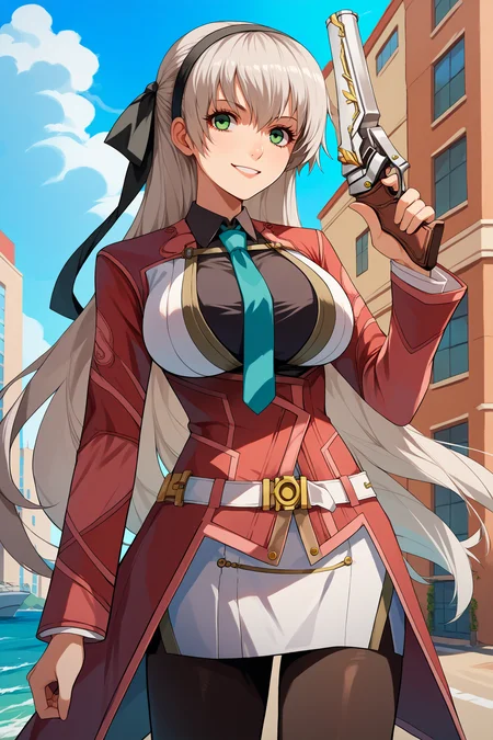 score_9, score_8_up, score_7_up, score_6_up, source_anime, 1girl, solo, <lora:elie-pdxl-nvwls-v2:1> sen4elie, grey hair, long hair, green eyes, black hairband, hair ribbon, black ribbon, red coat, long sleeves, cyan necktie, black shirt, collared shirt, white belt, white skirt, black pantyhose, huge breasts, looking at you, smile, holding gun, hand on hip, city, blue sky, ocean