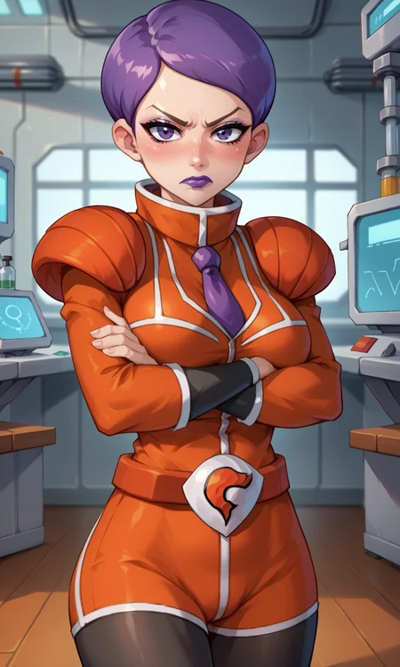 score_9, score_8_up, score_7_up, score_6_up, source_anime, pkmncelosia, 1girl, solo, purple hair, very short hair, purple lips, purple eyes, orange suit, long sleeves, orange taut shorts, shoulder pads, purple necktie, belt, (team flare:1.3), bracers, pantyhose, pantyhose under shorts, indoors, science fiction, laboratory, standing, looking at viewer, cowboy shot, frown, closed mouth, v-shaped eyebrows, crossed arms, arms under breasts, blush, large breasts