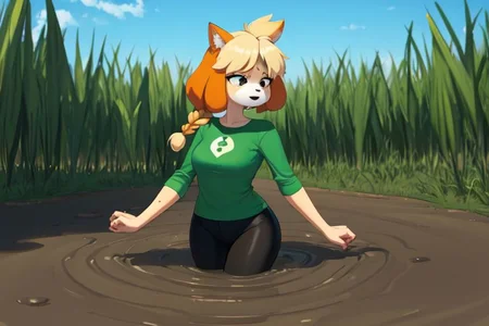 isabelle \(animal crossing\), (masterpiece, best quality:1.15), 1girl, solo, large breasts, high cheekbones, thick eyebrows, small mouth, looking to the side, leaning forward, adjusting clothes, tight leggings, green crop top shirt, starry nights, long hair, twin short braids, scared, partially submerged, struggling, farmland bog, quicksand, worried, sinking