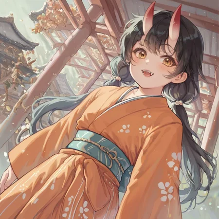 score_9, score_8_up, score_7_up, 1girl, solo, Inutade, oni horns, black hair, long hair, low twintails, chipped tooth, plump, long orange yukata, Japanese armor, cute, looking at viewer, white skin, sharp fangs,  kid,  giant female, muscle,  temple background, dutch angle, <lora:InutadeV1:0.8>, happy expression, cute smile, children body, very small body,