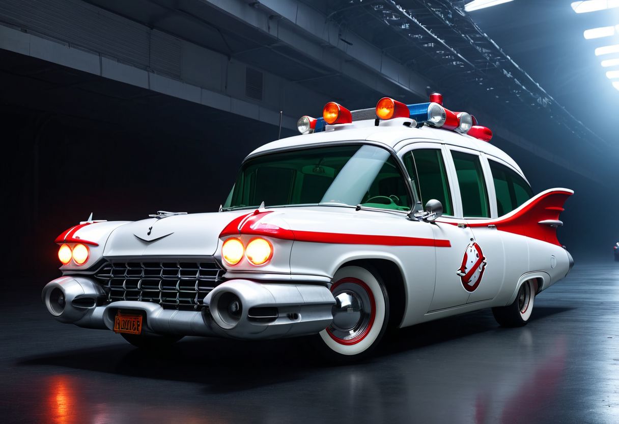 a photo of a studio lighting lit ecto_1 on a racetrack in futuristic New York City, white with red fenders and fins, vehicle focus, side view, low-key, beautiful, science fiction, best quality high resolution, beautiful, highest quality, masterpiece, highly detailed, best studio lighting, volumetric lighting, global illumination, highly detailed, sharp focus,