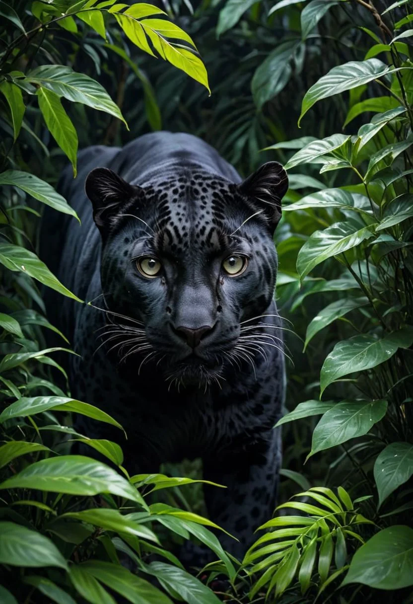 nature shot with wide shot of a dark jungle scene,face of a black-leopard hiding between the bushes,hunting,nightfall,dimmly lit,intense gaze,tension,perfect composition,masterpiece,best quality,<lora:add-detail-xl:1.5>,ziprealism. Outdoors,greenery,natural light,fresh,<lora:add-detail-xl:1.5>,vivid contrast,vivid color,Hyperrealistic art cinematic film still photography in the style of detailed hyperrealism photoshoot,