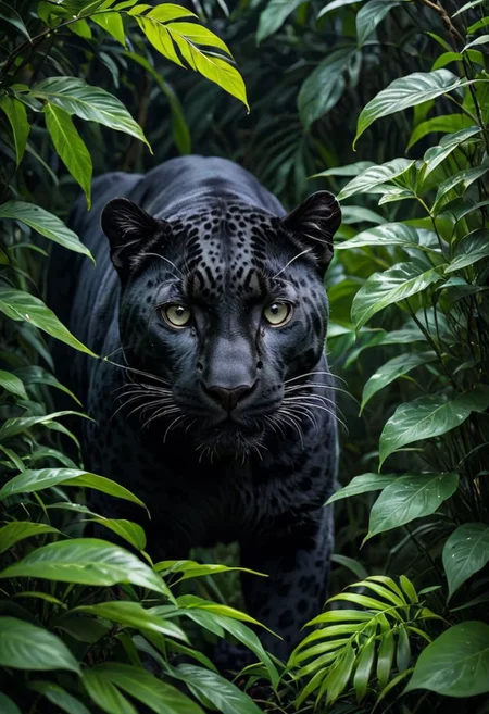 nature shot with wide shot of a dark jungle scene,face of a black-leopard hiding between the bushes,hunting,nightfall,dimmly lit,intense gaze,tension,perfect composition,masterpiece,best quality,<lora:add-detail-xl:1.5>,ziprealism. Outdoors,greenery,natural light,fresh,<lora:add-detail-xl:1.5>,vivid contrast,vivid color,Hyperrealistic art cinematic film still photography in the style of detailed hyperrealism photoshoot,