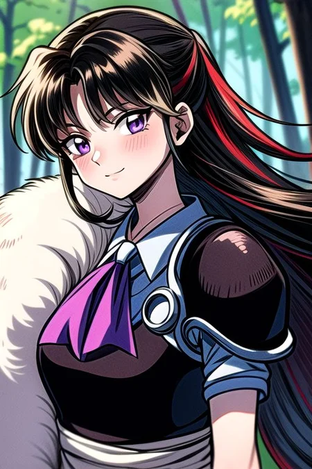 masterpiece, best quality 1girl Setsun4 solo long hair, (night time) forest background black hair very long hair purple eyes multicolored hair armor (fur trim) (medium body),<lora:EMS-179-EMS:0.800000>,<lora:EMS-293862-EMS:0.800000> bow, hair_bow, hair_tubes, red_bow, brown_hair, long_hair, bangs, ascot, frilled_bow, yellow_ascot, blush, smile, hair_between_eyes, athletic, armor, miko