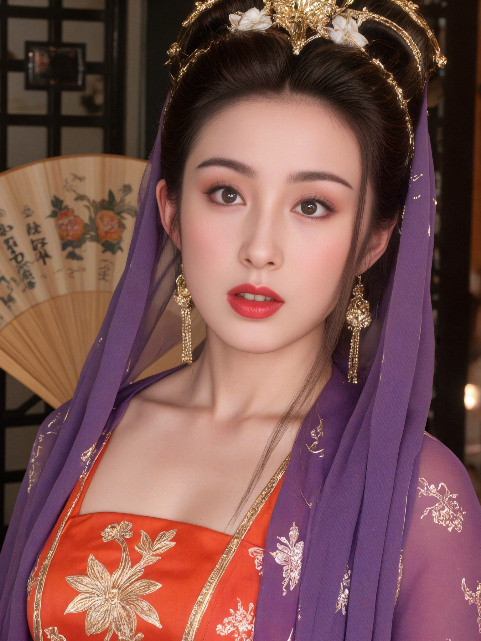 This is a high-resolution photograph of a beautiful woman dressed in traditional Chinese attire. She is wearing a vibrant purple and orange cheongsam, a classic Chinese dress, with intricate gold embroidery on the bodice. Her fair complexion contrasts beautifully with the bold red lipstick she wears, and her eyes are accentuated with soft, subtle makeup. Dangling earrings add an elegant finishing touch.

Her hair is styled in an elegant updo, partially veiled with a sheer, silk scarf that wraps delicately around her hairpiece. The scarf is light and translucent, with a soft luster that complements the ornate floral design of the accessory beneath, adding an ethereal touch to her overall appearance.

The background features a black lattice screen and a decorative hand-painted fan positioned to the left, enhancing the traditional ambiance. The lighting is warm and soft, gently illuminating her facial features and the rich textures of her dress. The camera angle is slightly above eye level, focusing on her upper body and face, and the composition follows the rule of thirds, drawing attention to her serene expression and ornate attire.