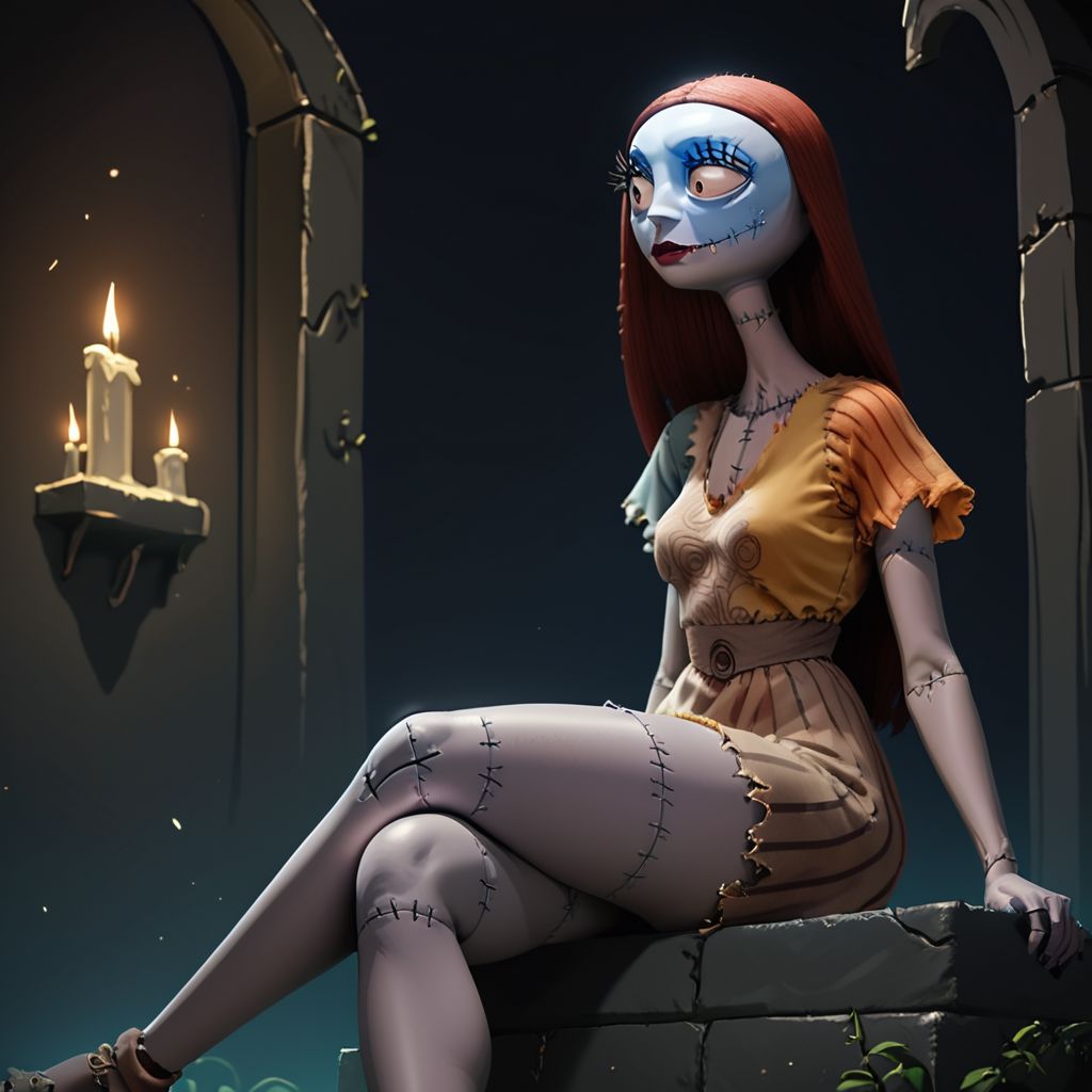 score_9, score_8_up, score_7_up, score_6_up, score_5_up, score_4_up, rating_questionable, 1girl, sa_lly, stitches, in a dark room, sitting on a gravestone,