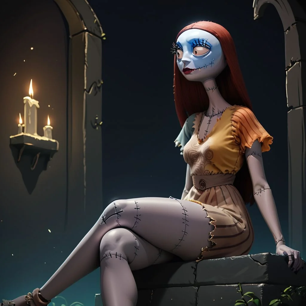score_9, score_8_up, score_7_up, score_6_up, score_5_up, score_4_up, rating_questionable, 1girl, sa_lly, stitches, in a dark room, sitting on a gravestone,