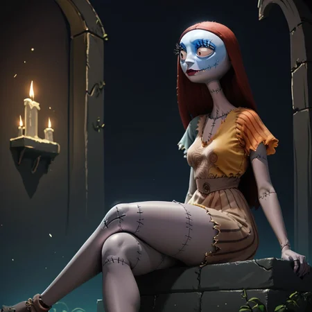 score_9, score_8_up, score_7_up, score_6_up, score_5_up, score_4_up, rating_questionable, 1girl, sa_lly, stitches, in a dark room, sitting on a gravestone,