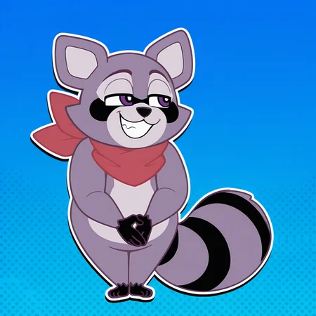 <lora:Rambley_Raccoon_-_Illustrious:1> Rambley, red neckerchief, 1boy, full body, looking away, hands together, grin, half closed eyes, blue background, gradient background, cyan background, dithered background,