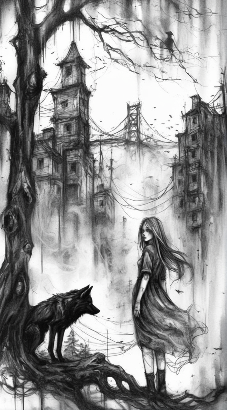 visiblend girls and black wolf abandoned city and old trees in the background, black ink<lora:visiblend:0.8>