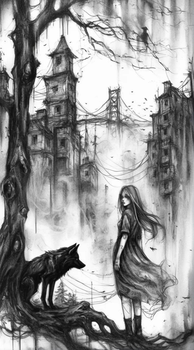 visiblend girls and black wolf abandoned city and old trees in the background, black ink<lora:visiblend:0.8>