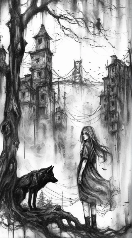 visiblend girls and black wolf abandoned city and old trees in the background, black ink<lora:visiblend:0.8>