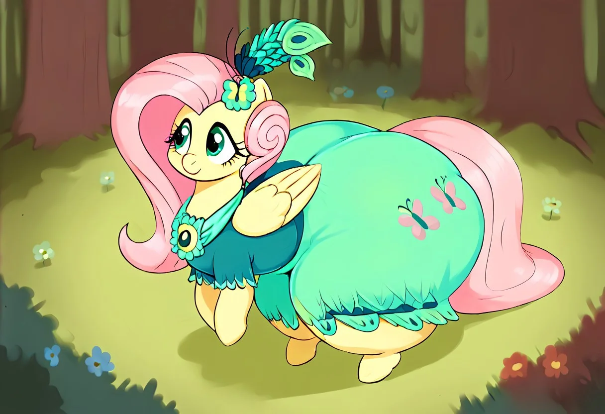 score_9, score_8_up, score_7_up, score_6_up, score_5_up, score_4_up, rating suggestive,my little pony, ((feral pony)), 1girl, ((solo)), (sexy),beautifully detailed, (detailed cute pony face), ((detailed forest background:1.5)), ((woman)), high angle, (cute smile:1.0), ((up-close)) 1girl, ((solo)), (sexy,huge butt,hyper hips), full body, in the forest <lora:Fluttershy_second_Gala:1>Fluttershy, a beautiful dress resembling peacock feathers in green and turquoise tones, a head decoration with feathers and an additional flower,tigh clothes,