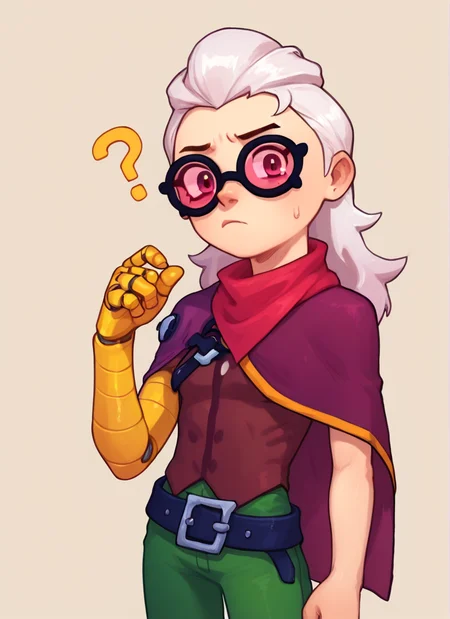 score_9, score_8_up, score_7_up, <lora:bsbelle :1> 1 girl , bsbelle , white hair, tinted eyewear ,purple capelet,red scarf, single mechanical arm, single arm , single glove, brown shirt , green pants ,belt , solo , <lora:PossumMachine:1>posmach , confused, looking at viewer,