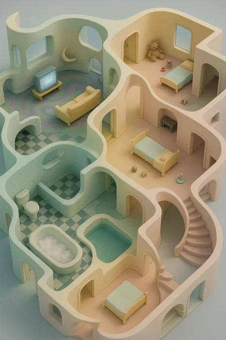 ;;; Dreamcore Apartment Floor Plan - 3D Render
(define dreamcore-apartment-topdown
  '((camera
     (view orthographic-top-down)
     (height ceiling-removed)
     (render surreal-uncanny)
     (resolution 4k))
    
    (layout
     (shape impossible-geometry)
     (walls
      (style non-euclidean-curved)
      (corners melting-warped)
      (design paradoxical-loops))
     (windows
      (placement nonsensical-voids)
      (glass foggy-translucent)
      (views endless-sky)))
    
    (spaces
     (living-room
      (furniture floating-mismatched)
      (carpet infinite-pattern)
      (tv static-glowing)
      (doors too-many-exits))
     (bedrooms
      (beds childhood-sized)
      (walls pastel-gradient)
      (toys scattered-nostalgic)
      (closets depth-unknown))
     (bathroom
      (tiles checkerboard-warped)
      (mirror reflecting-wrong)
      (tub filled-with-clouds)))
    
    (anomalies
     (hallways leading-nowhere)
     (stairs ascending-endlessly)
     (rooms duplicate-overlapping)
     (pools indoor-unexplained))
    
    (lighting
     (source unknown-ethereal)
     (quality soft-everywhere)
     (shadows missing-wrong)
     (glow pastel-haze))
    
    (atmosphere
     (style liminal-unsettling)
     (textures too-smooth-plastic)
     (colors washed-out-nostalgic)
     (mood dreamy-uncomfortable))))