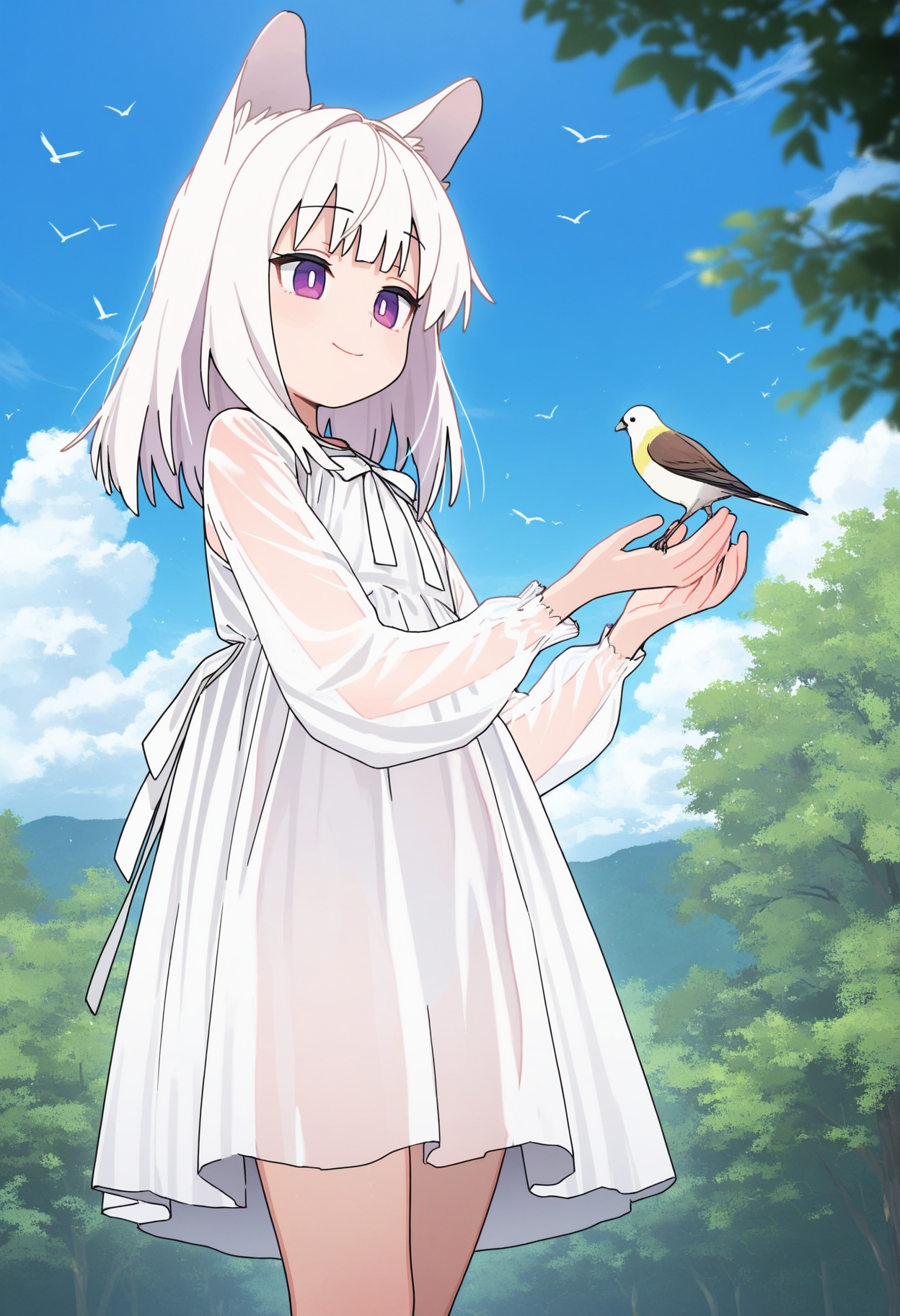 masterpiece,best quality,amazing quality,
1girl, tree, outdoors, dress, white hair, solo, day, purple eyes, smile, white dress, holding, animal, looking at animal, holding animal, sky, see-through, long sleeves, bird, closed mouth, animal ears, standing, white bow, bangs, bright pupils, hands up, see-through sleeves, medium hair, long hair, cloud,
<lo<lora:Imamura_Ryou:1>
