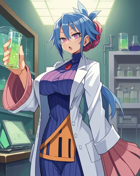 score_9, score_8_up, score_7_up, source_anime, solo, 1girl, no bra, sightly body, large breasts, glasses, lab coat, laboratory, harada takehito, <lora:harada_takehito_PDXL-000001:1>