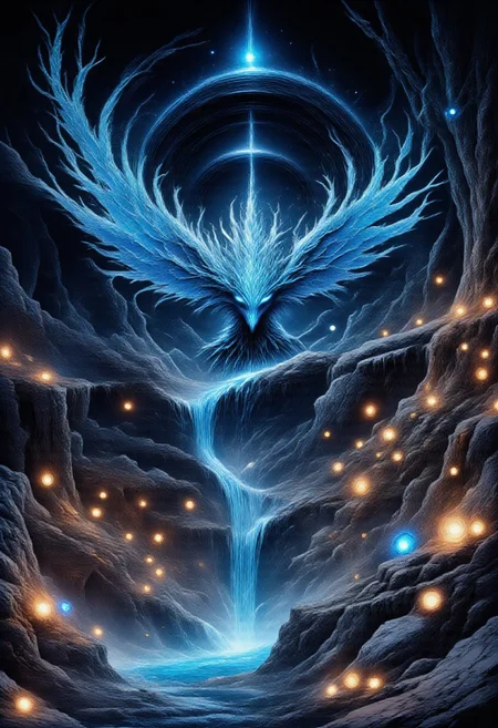 detailed vector illustration, detailed, DreamArt, Studio Ghibli Dark Fairytale, smlstxtr, Black phoenix with fluorescent blue tones in the middle of the image, behind it a planet with a large ring and in the upper area shooting stars, a magical valley with dark tones illuminated by the light emitted by the phoenix, it has various plants which are luminescent, in the middle of the valley there is a river from which a little steam emanates.