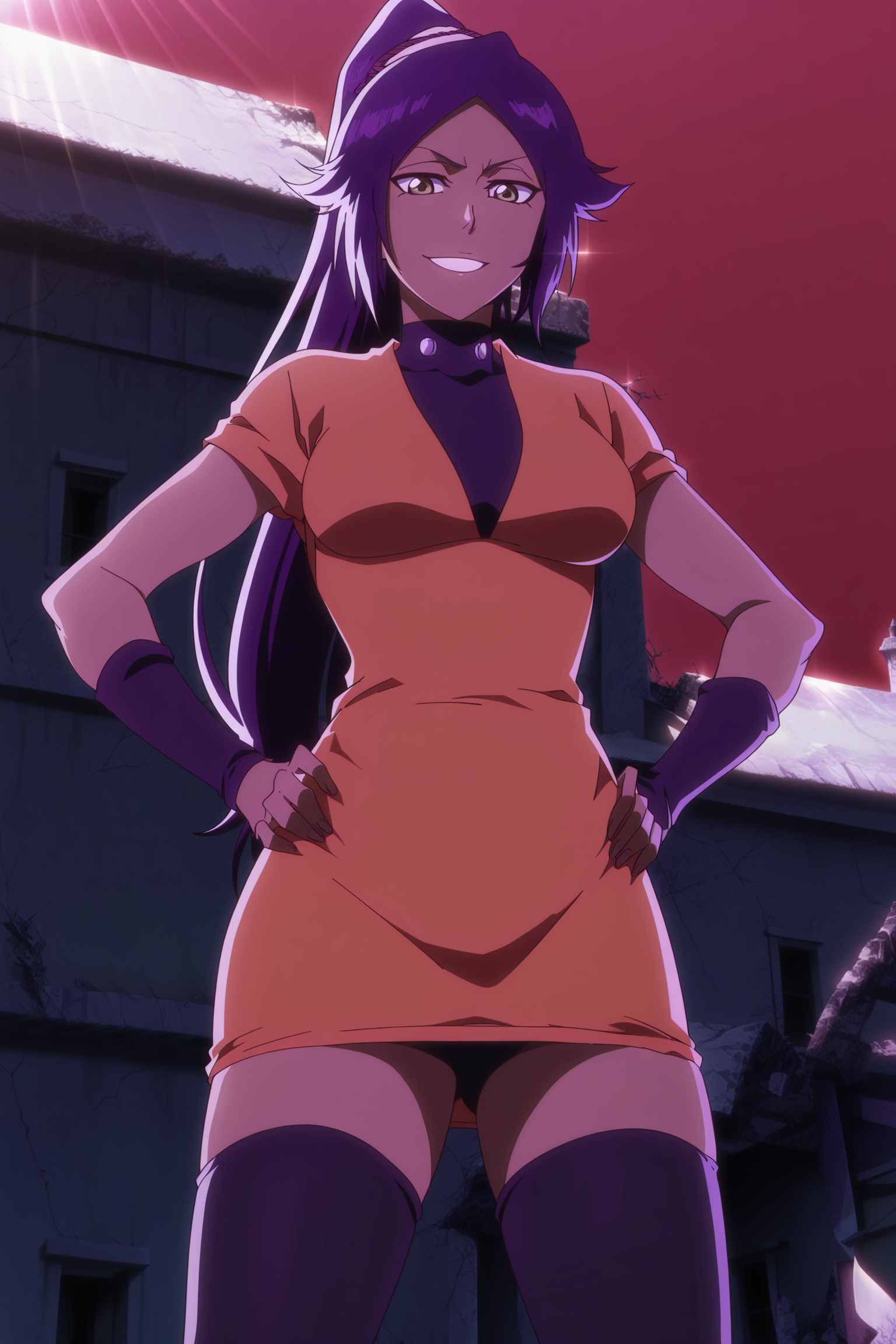 anime screencap, anime coloring, detailed face, masterpiece, best quality, very aesthetic, absurdres, volumetric lighting, official style, amazing quality, ultra detailed,  highres, amazing quality, scenery, beautiful detailed hair, beautiful detailed eyes,
outside, day, red sky, low angle,
 <lora:Yoruichi_Shihouin_Bleach_Thousand-Year_Blood_War:1>
Yoruichi standard outfit, 1girl, shihouin yoruichi, solo, ponytail, long hair, gold eyes, purple hair, breasts, dress, short orange dress, looking at viewer, dark-skinned female, dark skin, medium breasts, black thighhighs, hands on hips, cowboy shot, smile, zettai ryouiki