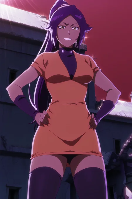 anime screencap, anime coloring, detailed face, masterpiece, best quality, very aesthetic, absurdres, volumetric lighting, official style, amazing quality, ultra detailed,  highres, amazing quality, scenery, beautiful detailed hair, beautiful detailed eyes,
outside, day, red sky, low angle,
 <lora:Yoruichi_Shihouin_Bleach_Thousand-Year_Blood_War:1>
Yoruichi standard outfit, 1girl, shihouin yoruichi, solo, ponytail, long hair, gold eyes, purple hair, breasts, dress, short orange dress, looking at viewer, dark-skinned female, dark skin, medium breasts, black thighhighs, hands on hips, cowboy shot, smile, zettai ryouiki