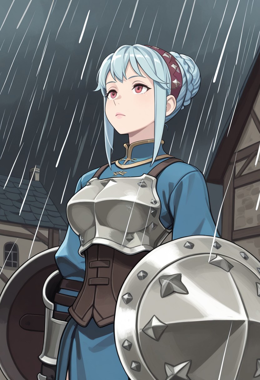 source_vanillaware,
windy,
1girl, solo,
VirginiaIL, Virginia Unicorn Overlord,
red eyes, light blue hair, braided bun, sidelocks, pink lips,
maroon hairband, blue top, breastplate, silver breastplate, brown corset, dual bucklers, shield on arms,
bored, looking up, crossing arms,
medieval town, raining,