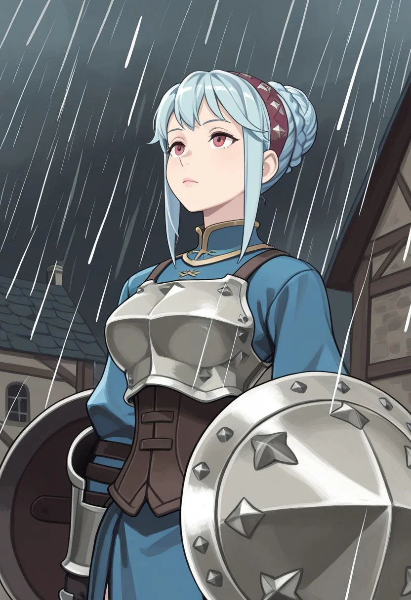 source_vanillaware,
windy,
1girl, solo,
VirginiaIL, Virginia Unicorn Overlord,
red eyes, light blue hair, braided bun, sidelocks, pink lips,
maroon hairband, blue top, breastplate, silver breastplate, brown corset, dual bucklers, shield on arms,
bored, looking up, crossing arms,
medieval town, raining,