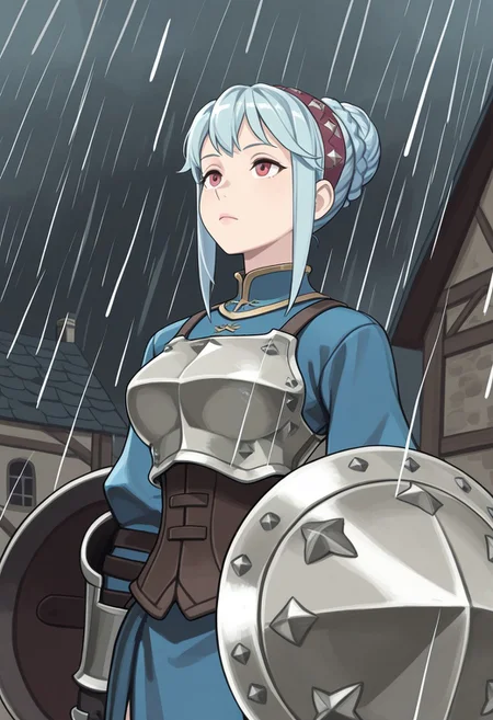 source_vanillaware,
windy,
1girl, solo,
VirginiaIL, Virginia Unicorn Overlord,
red eyes, light blue hair, braided bun, sidelocks, pink lips,
maroon hairband, blue top, breastplate, silver breastplate, brown corset, dual bucklers, shield on arms,
bored, looking up, crossing arms,
medieval town, raining,