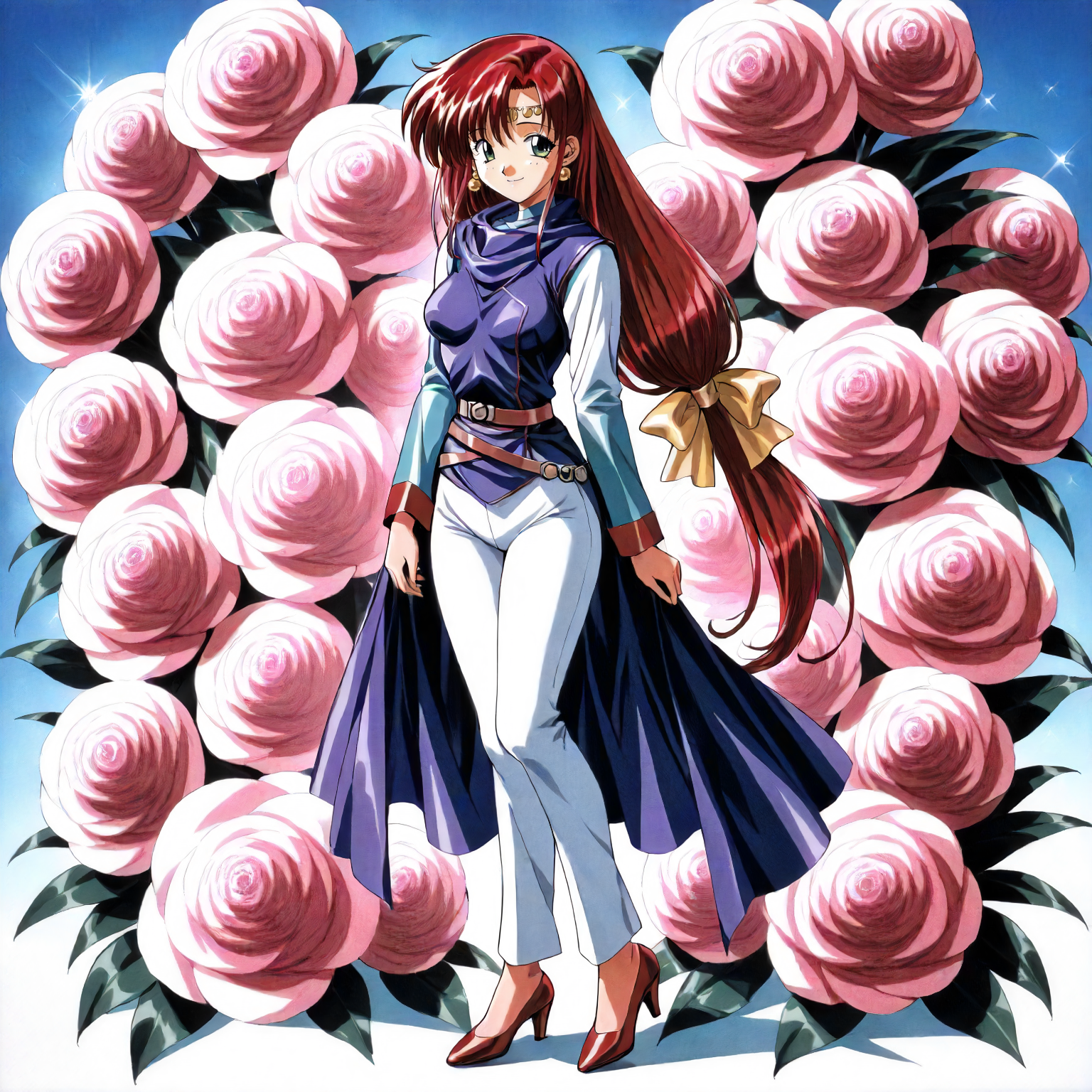 <lora:RC_elenoa_ranXLanimagine001>,
masterpiece,high score,great score,absurdres,
flower background,glitter,
smile,
looking at viewer,
solo,
anime coloring,retro artstyle,1990s (style),
elenoa_ran\(rance_series\),1girl,red hair,circlet,low-tied long hair,hair_bow,green eyes,earrings,
blue scarf,white shirt,turtleneck,long_sleeves,blue vest,belt,
white pants,
red high_heels,
(full body:1.1),
standing,